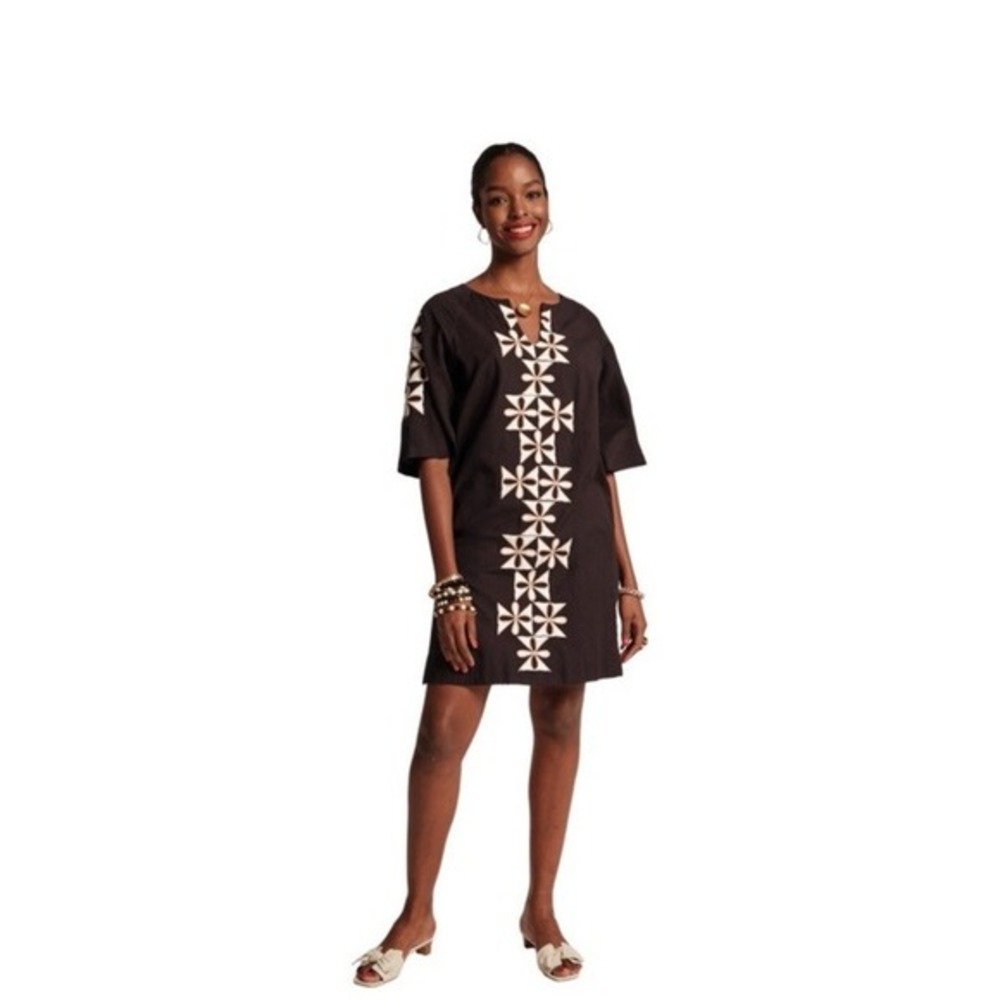 Frances Valentine Mini Caftan Black SZ L Floral Embroidery Cotton Linen Dress
